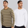Lyle And Scott Vintage Mens Two Pack Striped Long Sleeve Loungewear T-Shirts Olive Stripe/White