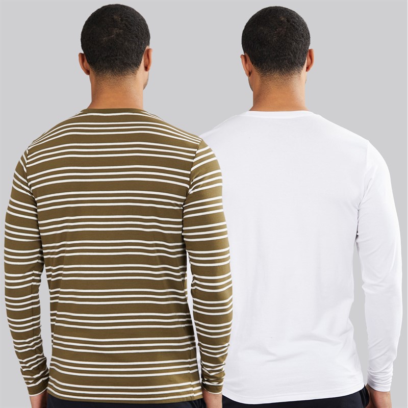 Lyle And Scott Vintage Mens Two Pack Striped Long Sleeve Loungewear T-Shirts Olive Stripe/White