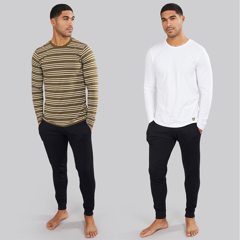 Lyle And Scott Vintage Mens Two Pack Striped Long Sleeve Loungewear T-Shirts Olive Stripe/White