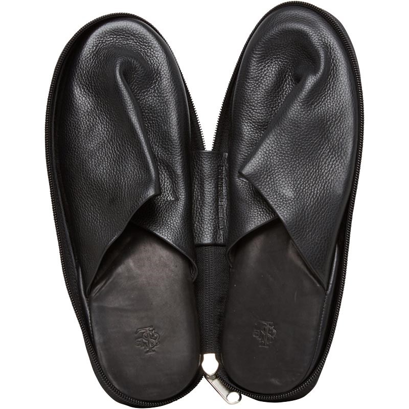 black leather slip on slippers