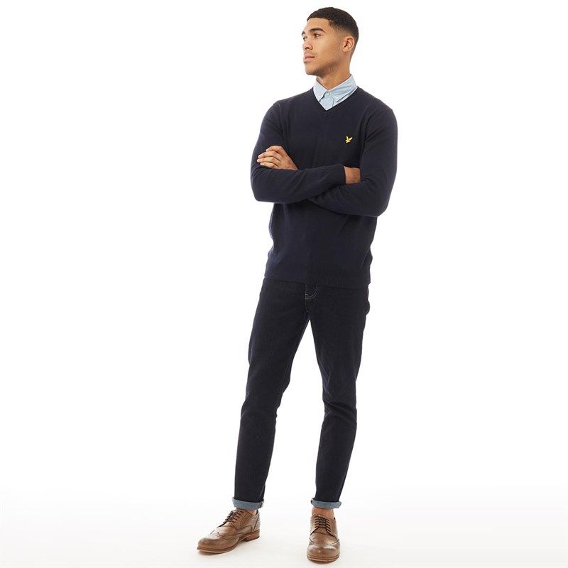 Lyle And Scott Vintage Męskie Bawełna Merino Sweter V-Neck Granatowy