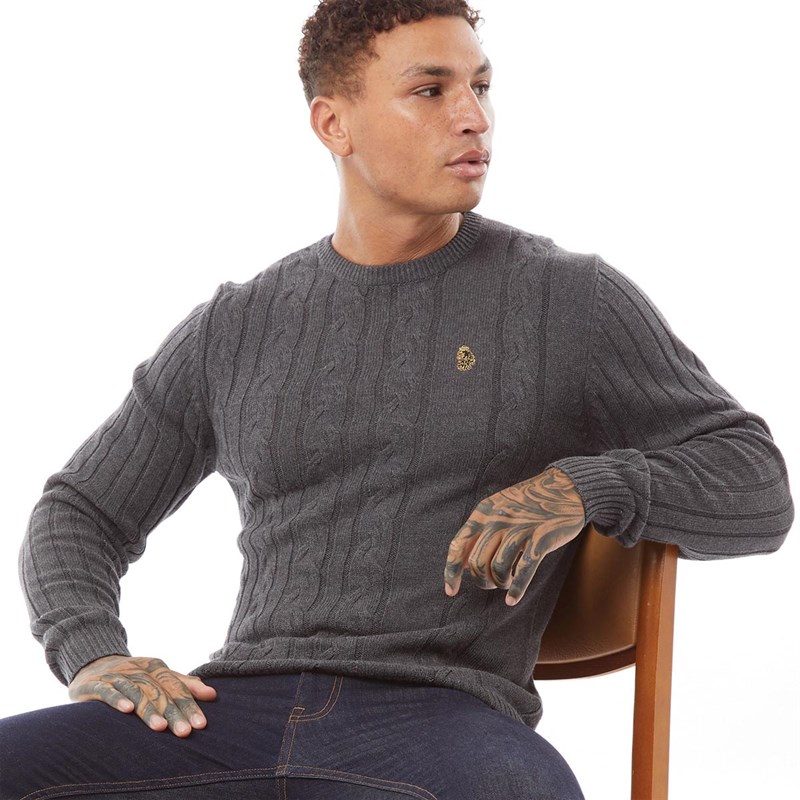 Buy LUKE 1977 Mens Morden Cable Knit Jumper Charcoal B