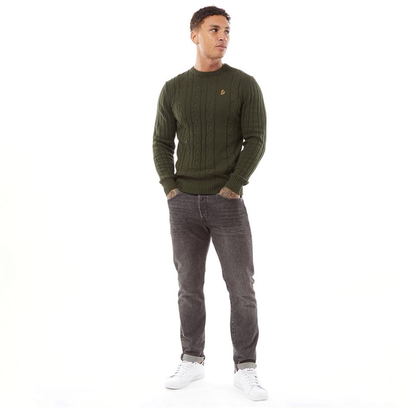 LUKE 1977 Mens Morden Cable Knit Jumper Olive B