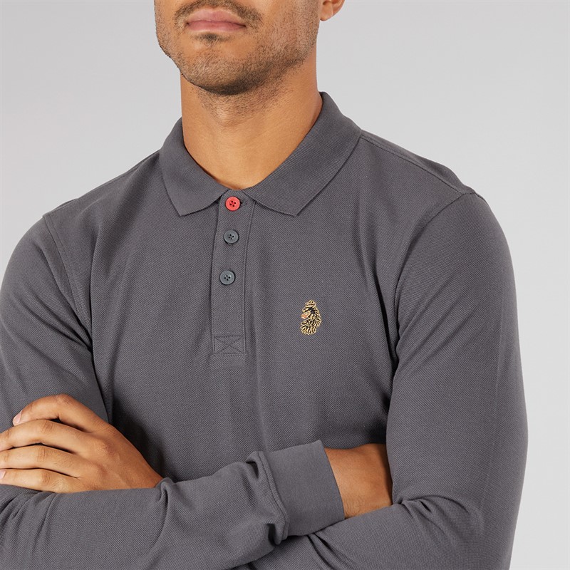 LUKE 1977 Mens Williams Long Sleeve Polo Shirt Charcoal