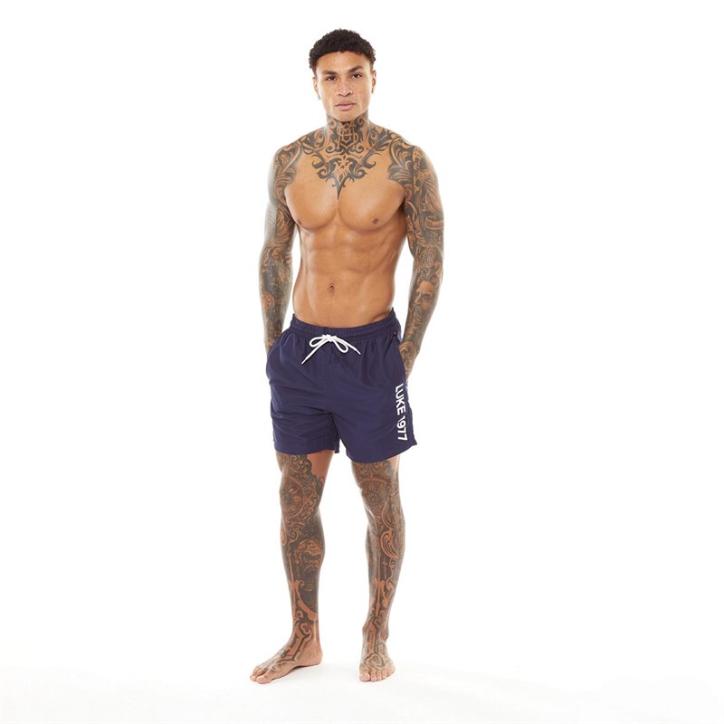 LUKE 1977 Mens Side On Logo Swim Shorts Navy/White