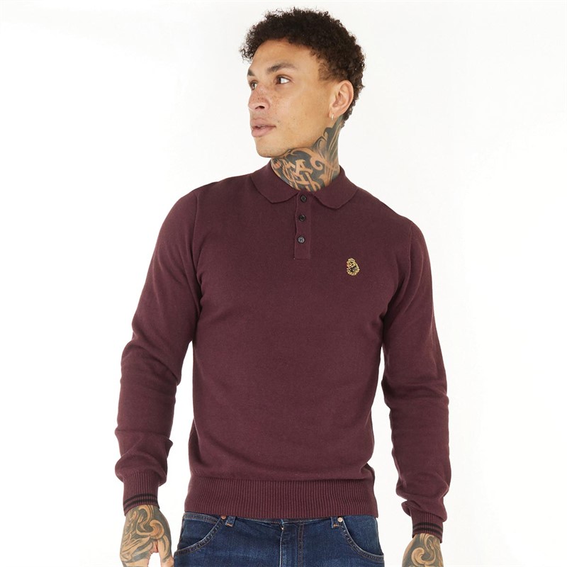 LUKE 1977 Mens Milk Knitted Long Sleeve Polo Dark Shiraz