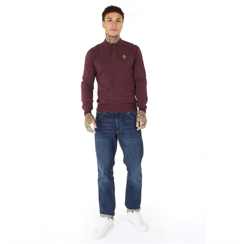 LUKE 1977 Mens Milk Knitted Long Sleeve Polo Dark Shiraz