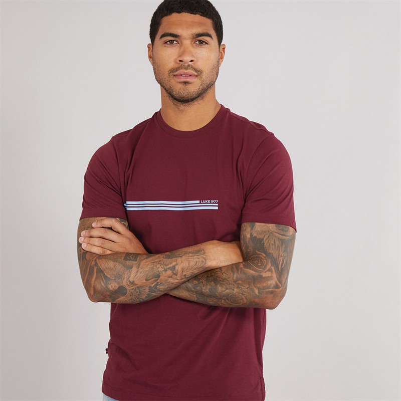 LUKE 1977 Mens Block Stripe T-Shirt Claret/Blue