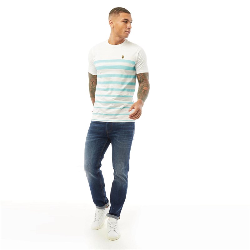 LUKE 1977 Mens Auto Stripe Printed T-Shirt White Pure Sky