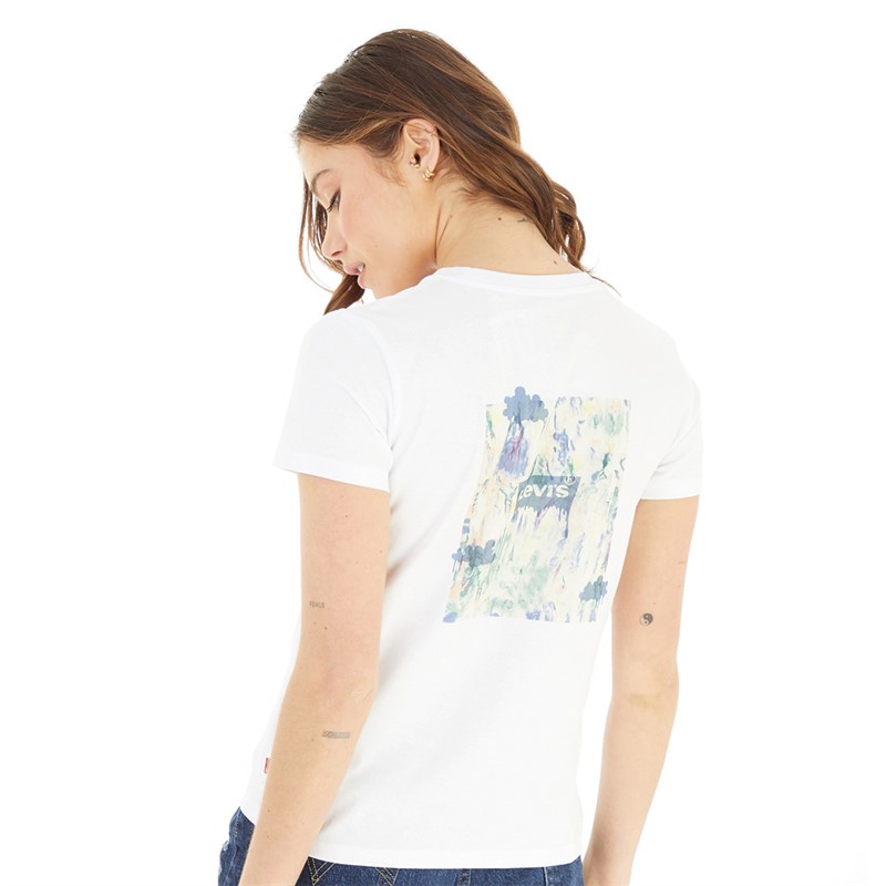 Levi's Womens The Perfect Tee Watercolor Fill T-Shirt Watercolor Fill BW Front And Back Bright White