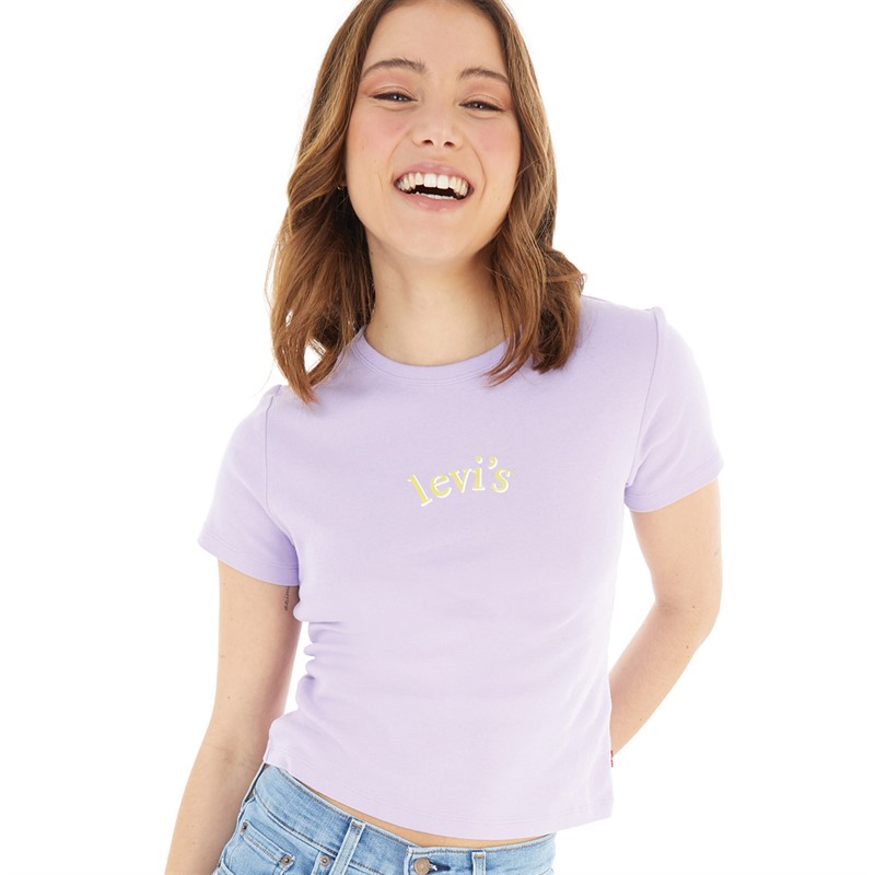 Levi's Womens Rickie Tee Graphic Logo T-Shirt Arched Baby Serif Logo Purple Rose