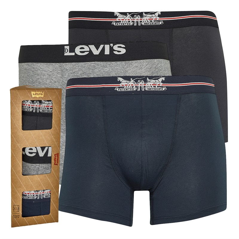 Levi's Mens Two Horse Pull Logo Three Pack Boxer Briefs With Gift Box Navy/Grey/Black