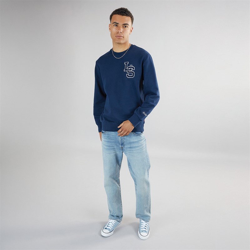 Levi's Mens Standard Graphic Crew Neck Sweatshirt LS Letterman Crew Dress Blues
