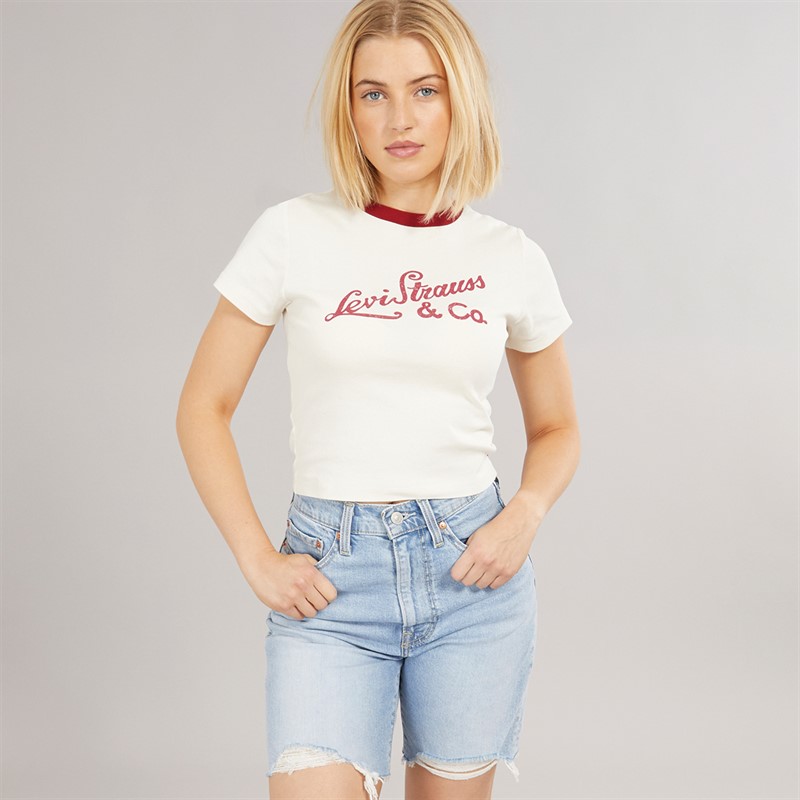 Levi's Womens Essential T-Shirt Archival Script Egret/Sun Dried Tomato