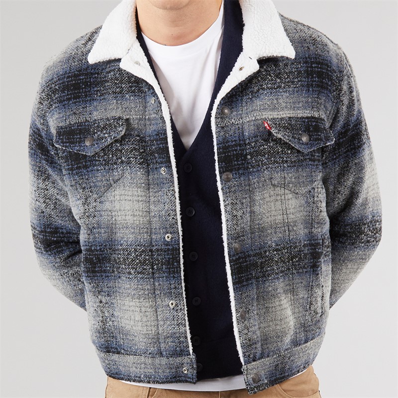 Levi's Mens Plaid Sherpa Trucker Jacket Car Park Grey