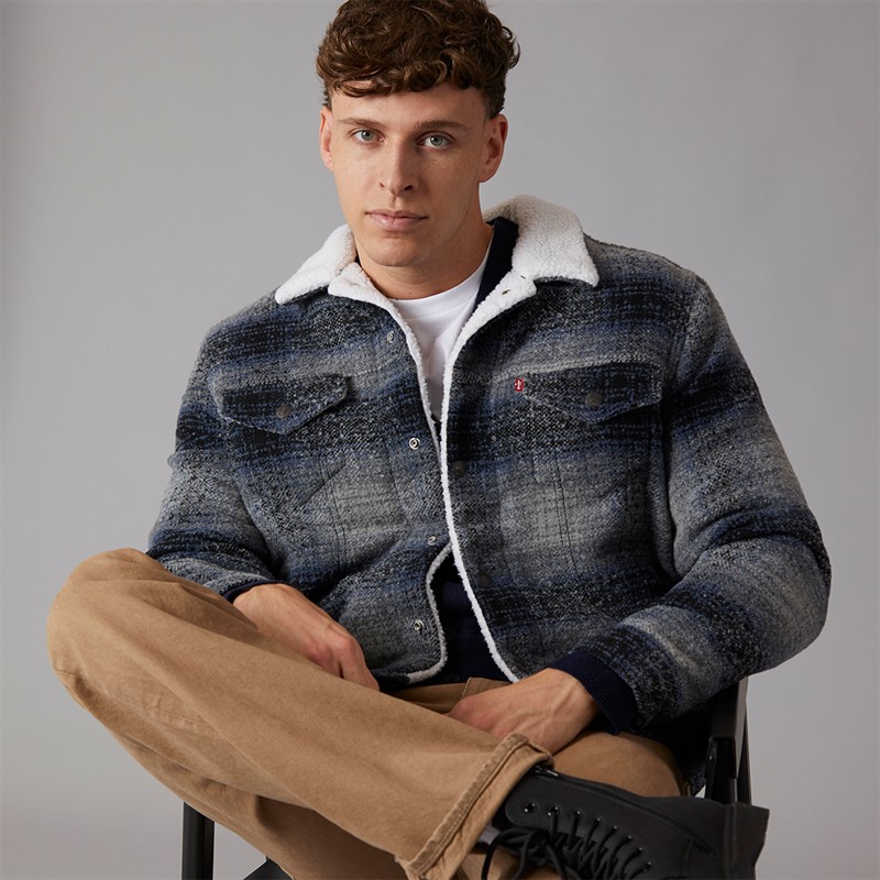 Levi's Mens Plaid Sherpa Trucker Jacket Car Park Grey