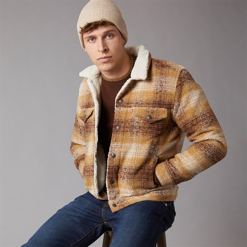 Levi's Mens Plaid Sherpa Trucker Jacket Curry