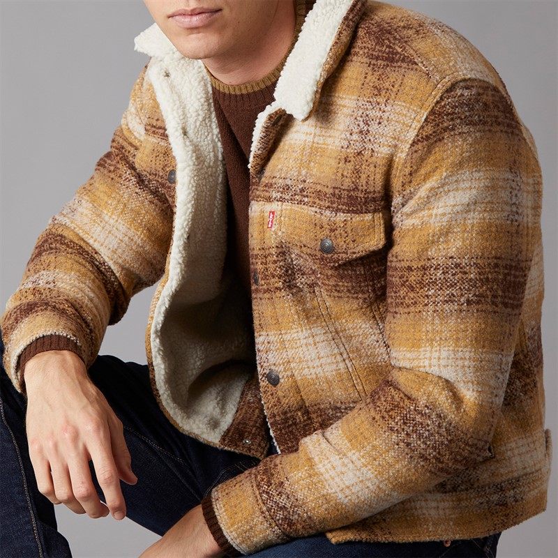 Levi's Mens Plaid Sherpa Trucker Jacket Curry
