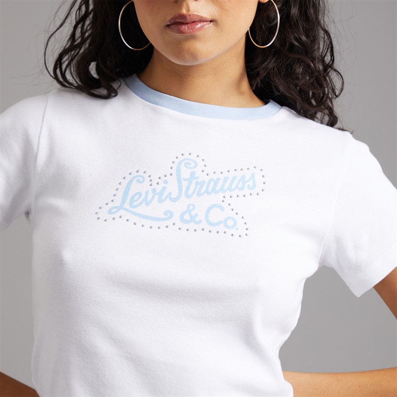 Levi's Womens Essential Sporty T-Shirt Levi's Script With Studs Bright White/Chambray B Levis Script With Studs Bright White/Chambray B
