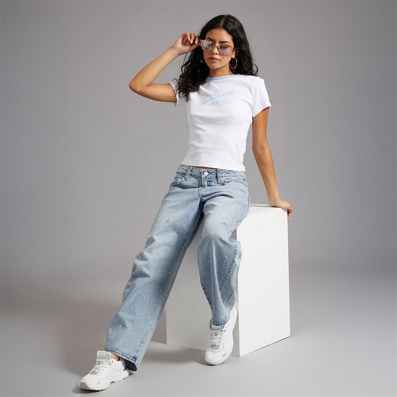 Levi's Womens Essential Sporty T-Shirt Levi's Script With Studs Bright White/Chambray B Levis Script With Studs Bright White/Chambray B
