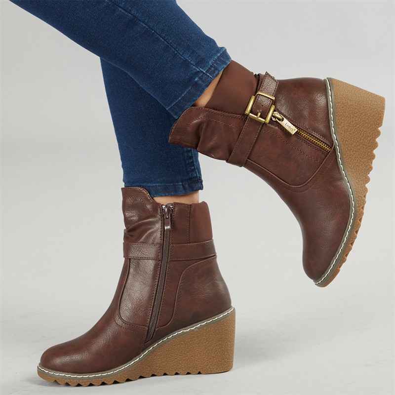 Lotus Womens Olivia Wedge Heel Buckle Boots Brown - Size 8