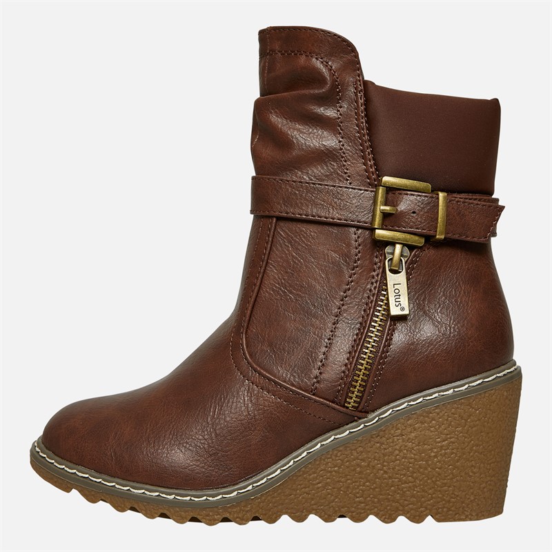 Lotus Womens Olivia Wedge Heel Buckle Boots Brown