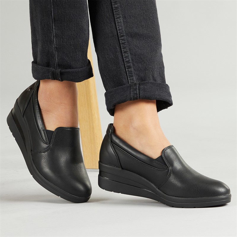 Lotus Womens Roman Wedge Loafers Black Smooth