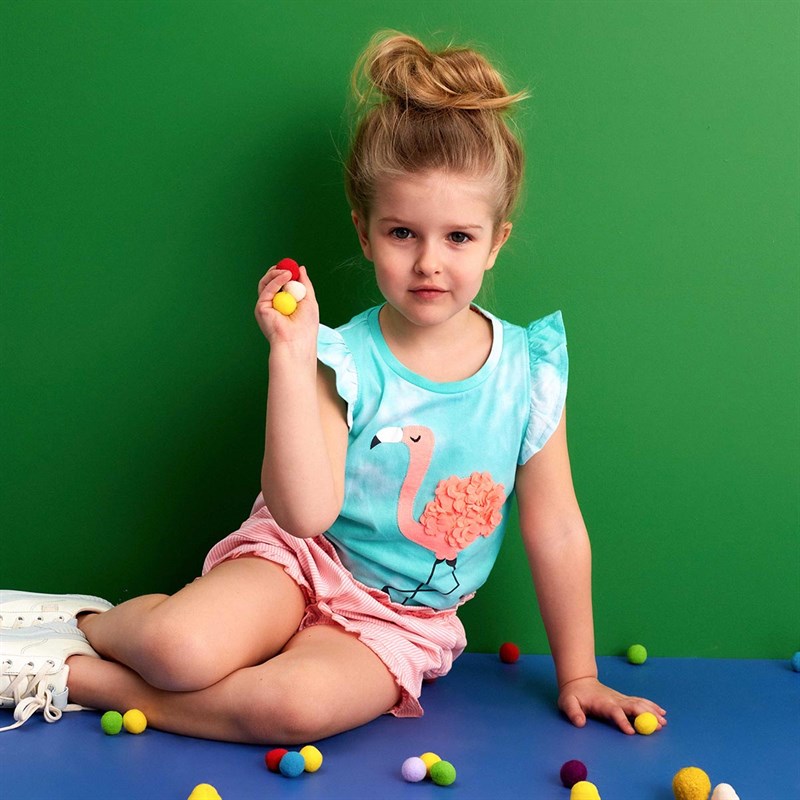 MINOTI Girls Flamingo Tie Dye T-Shirt Blue