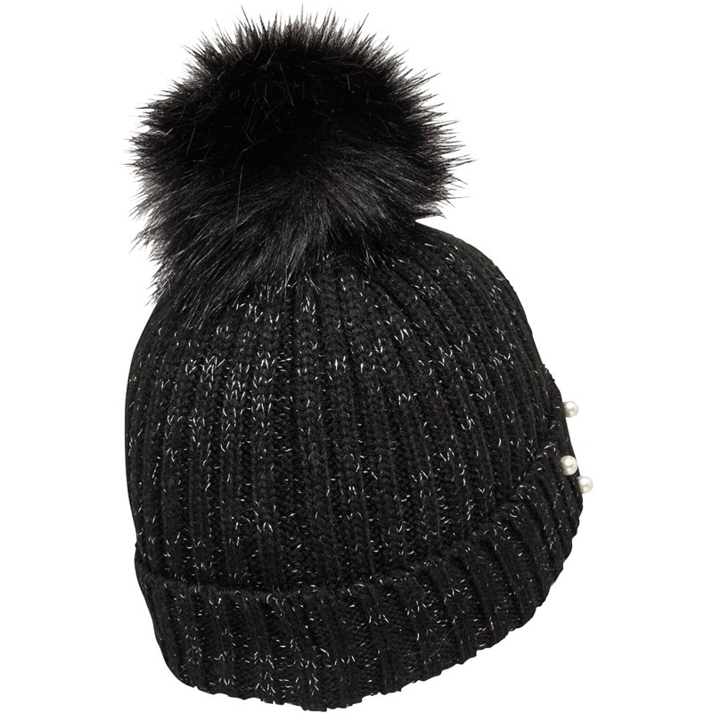 MINOTI Girls Fleck Knit Hat With Fur Bobble And Pearls Black