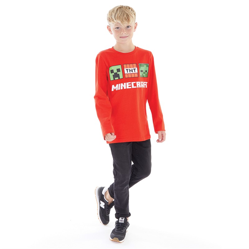 MINECRAFT Jungen T-Shirts mit langem Arm. Rot