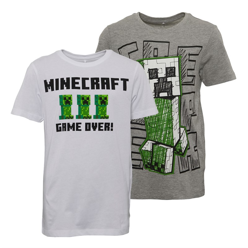 MINECRAFT Børne T-shirts med solbeskyttelse, 2-pak, Hvid/Grå Melange