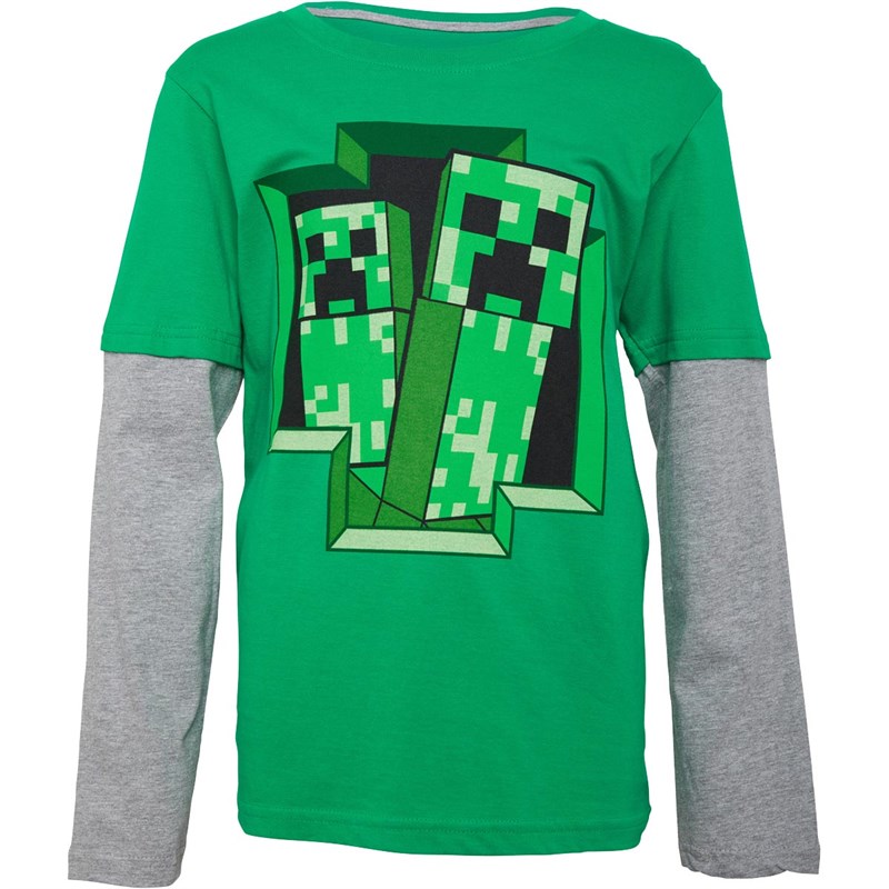 Buy Boys Minecraft Creeper Burst Junior Long Sleeve TShirt Green/Grey