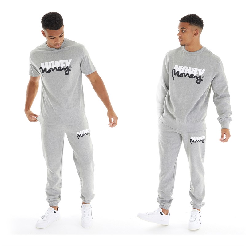 Money Mens Three Pack Crew Neck Tracksuit And T-Shirt Set Grey Melange