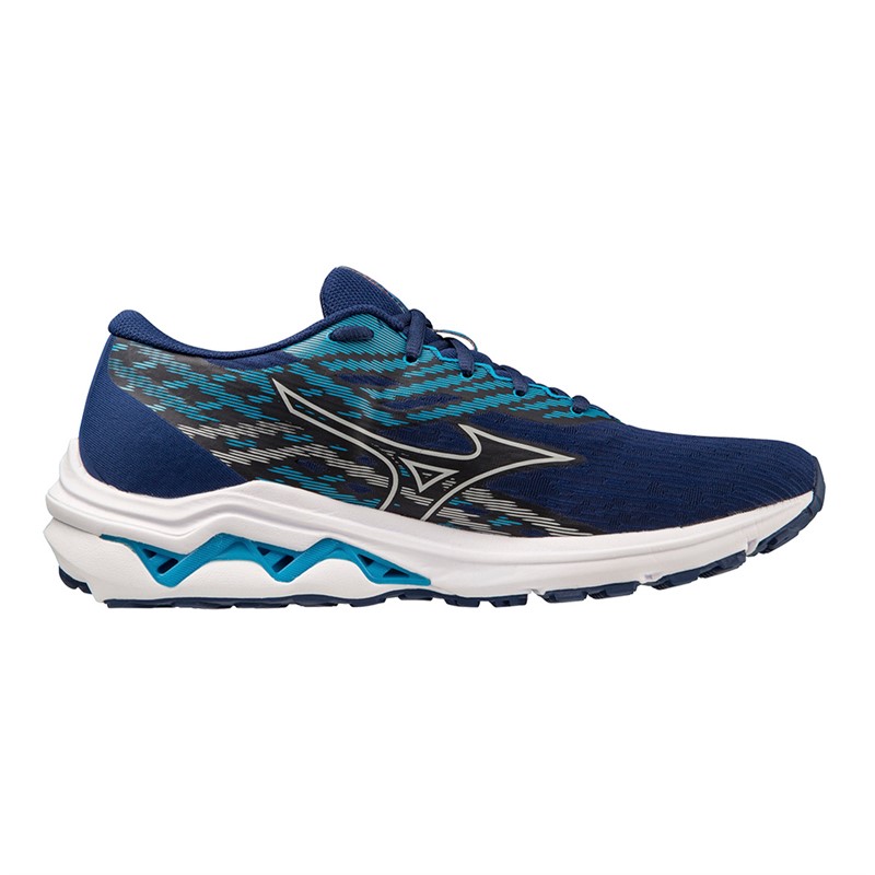 Mizuno Mens Wave Equate 7 Stability Running Shoes Blue Depths/Silver/Neon Flame