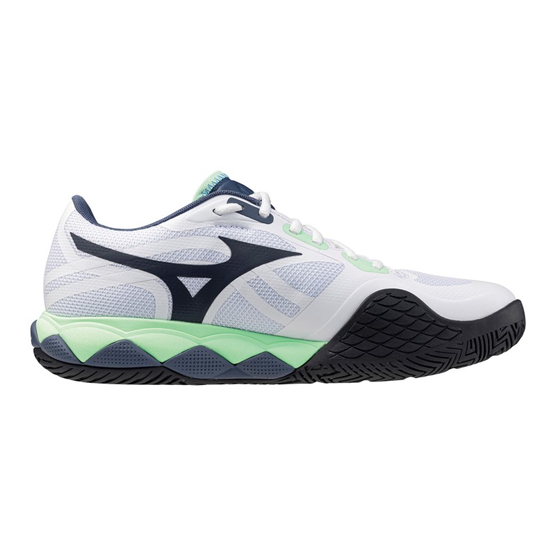 Mizuno Wave Enforce Tour 2 All Court Tennis Shoes White/Neo Mint/Vintage Indigo