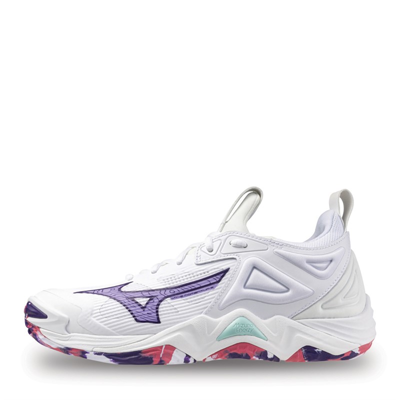 Mizuno Womens Wave Momentum 3 Netball Shoes White/Violet Indigo/Camellia Rose