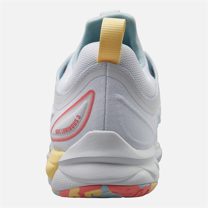 Mizuno Womens Wave Luminous 3 Indoor Court Shoes White/Calypso Coral/Pale Banana
