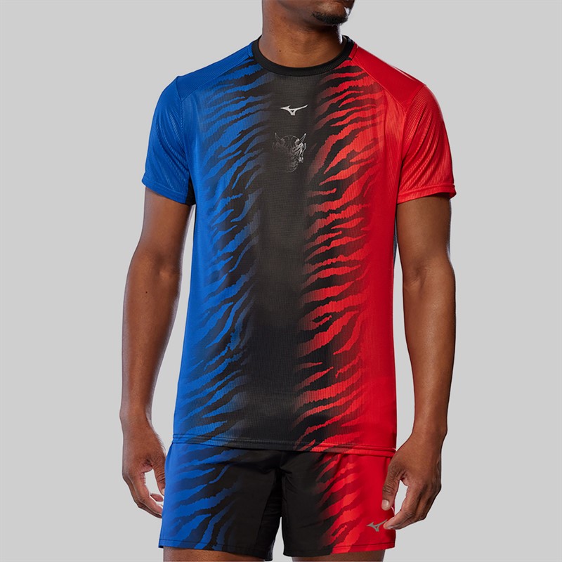 Mizuno Mens Dryaeroflow Graphic Running Top Oni Red/Oni Blue