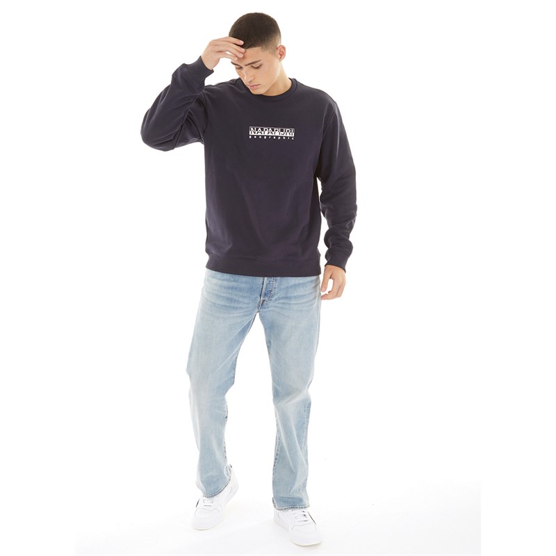 Napapijri Mens Box Logo Crew Neck Sweatshirt Blue Marine
