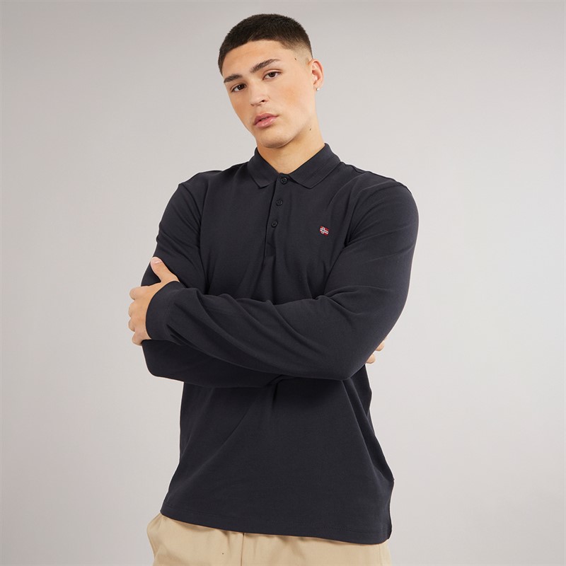 Napapijri Mens Ealis Long Sleeve Polo Shirt Black pique - Size L