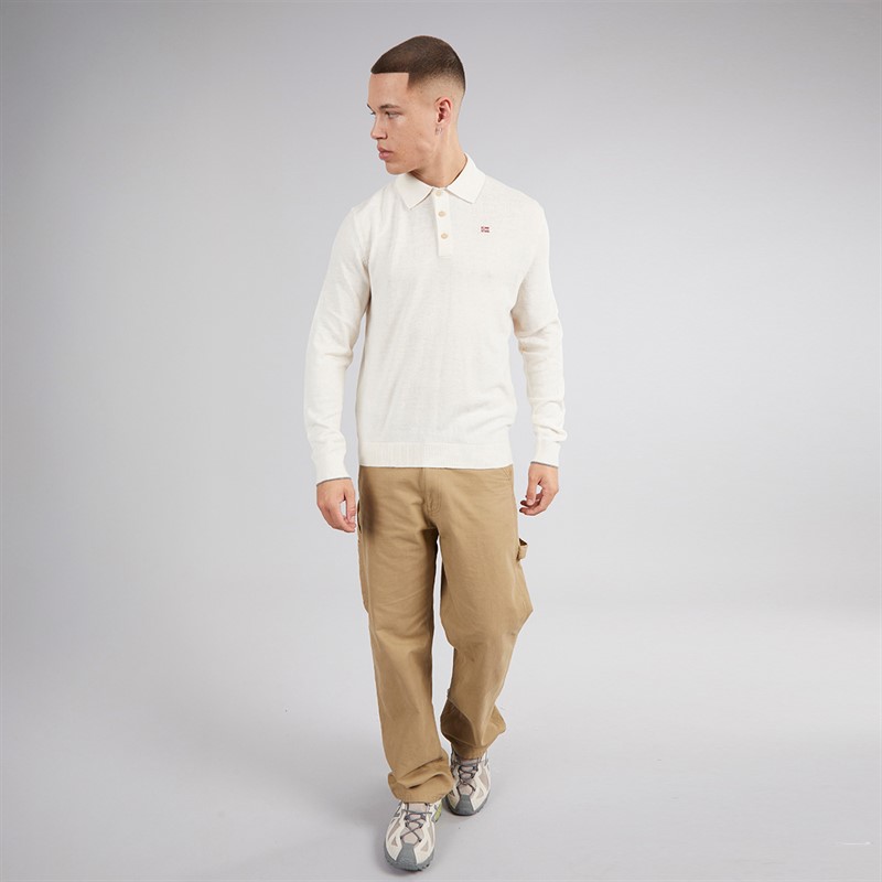 Napapijri Mens Damavand Wool Long Sleeve Knitted Polo Shirt Beige Dimity