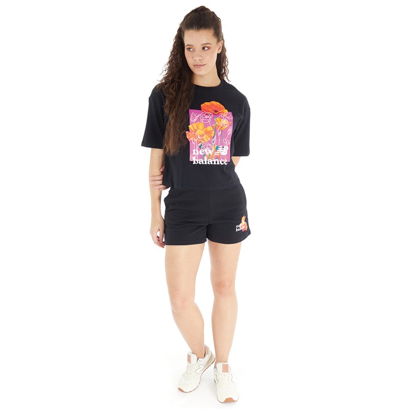 New Balance Womens Essentials Summer Bloom Graphic T-Shirt Black