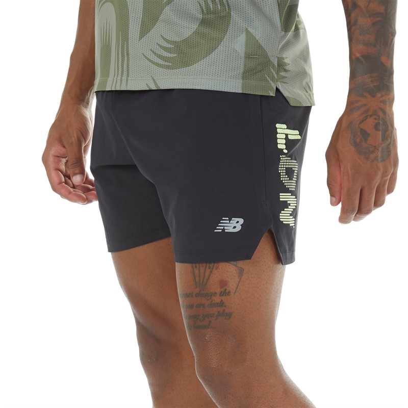 New Balance Mens London Edition Printed 5 Inch Running Shorts Black Multi