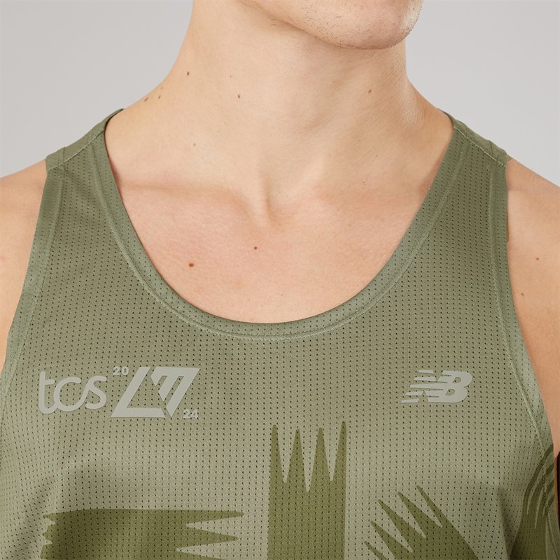 New Balance Mens London Edition Printed Running Tank Top Dark Olive