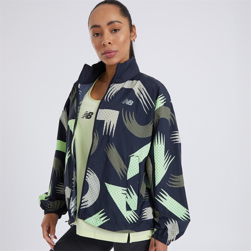 New Balance Womens London Edition Athletics Printed Woven Jacket Black Multi