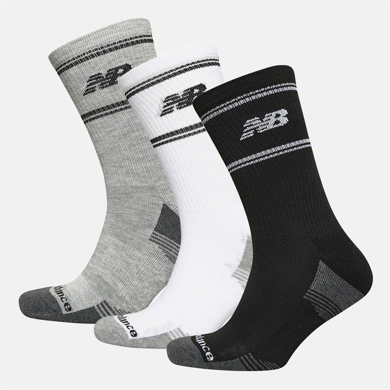 New Balance In Stripe Logo Three Pack Crew Socks White/Black/Grey
