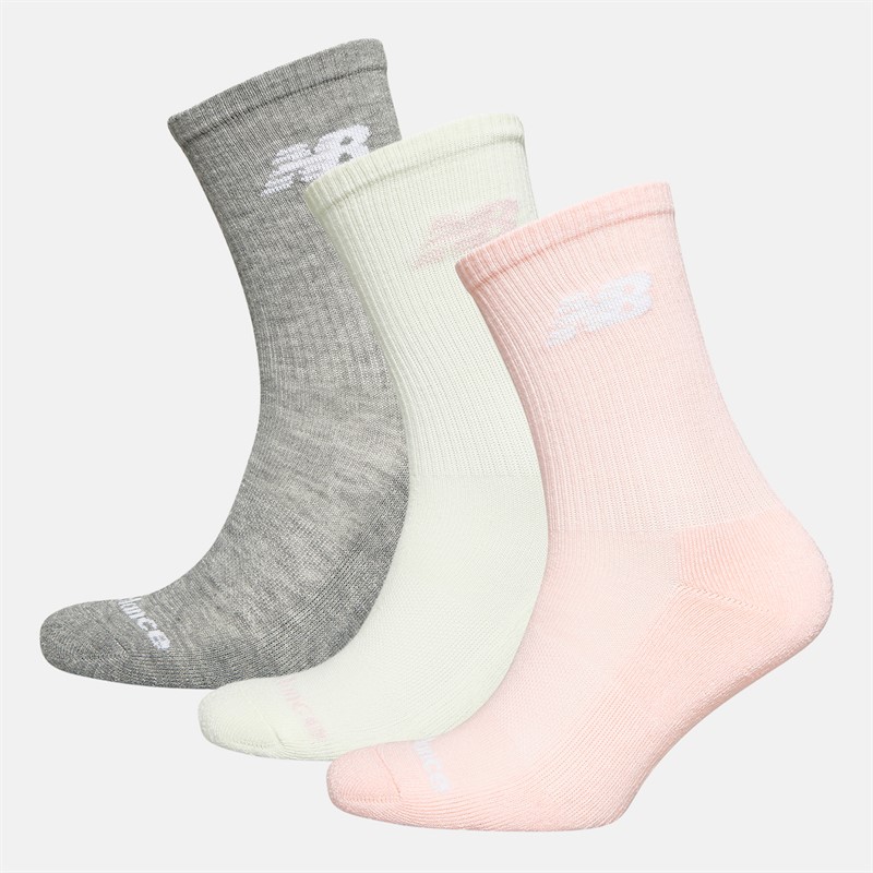 New Balance Womens Flying Logo Three Pack Crew Socks Pink/Grey Heather/Sea Salt - Size 4