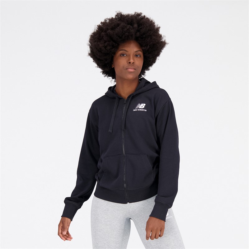 New Balance Damen Essentials Gestapeltes Logo Durchgehender Reißverschluss Hoodie Schwarz