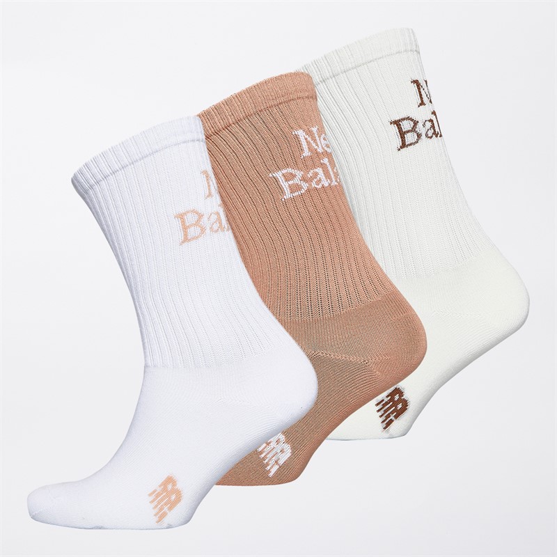 New Balance Linier Logo Three Pack Crew Socks White/Beige/Brown