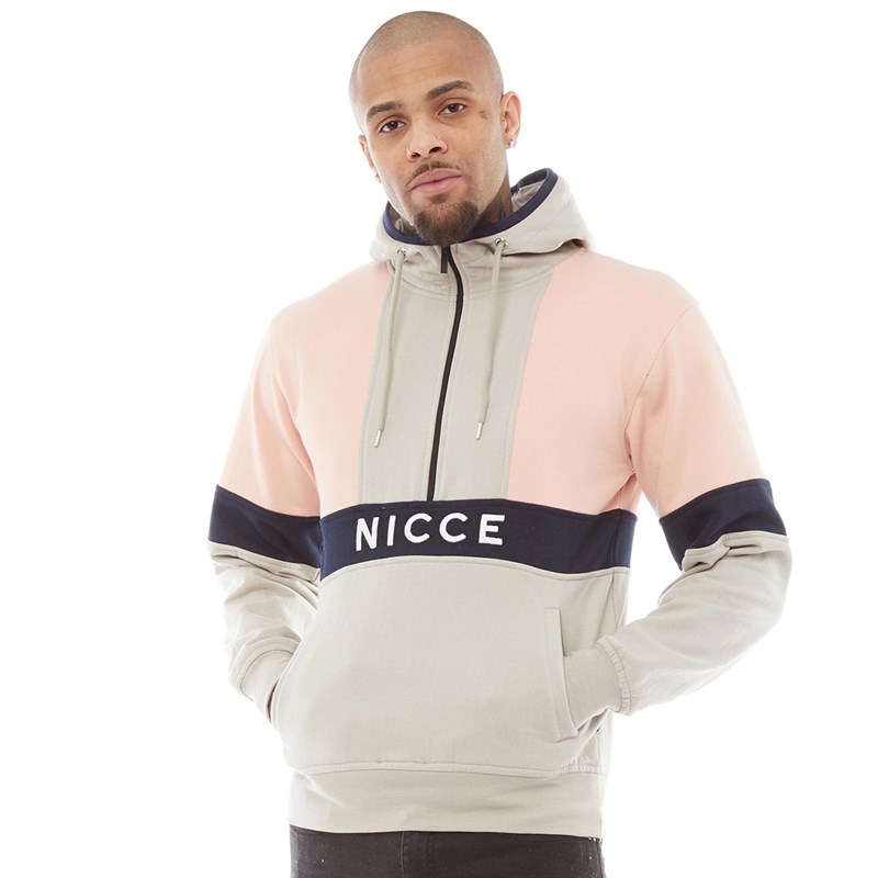 Buy NICCE Mens Panelled Hoodie With Embroidered Logo Cloud Grey/Dusty Pink